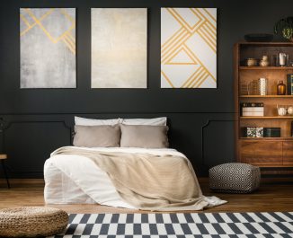 Antique bookcase in dark bedroom