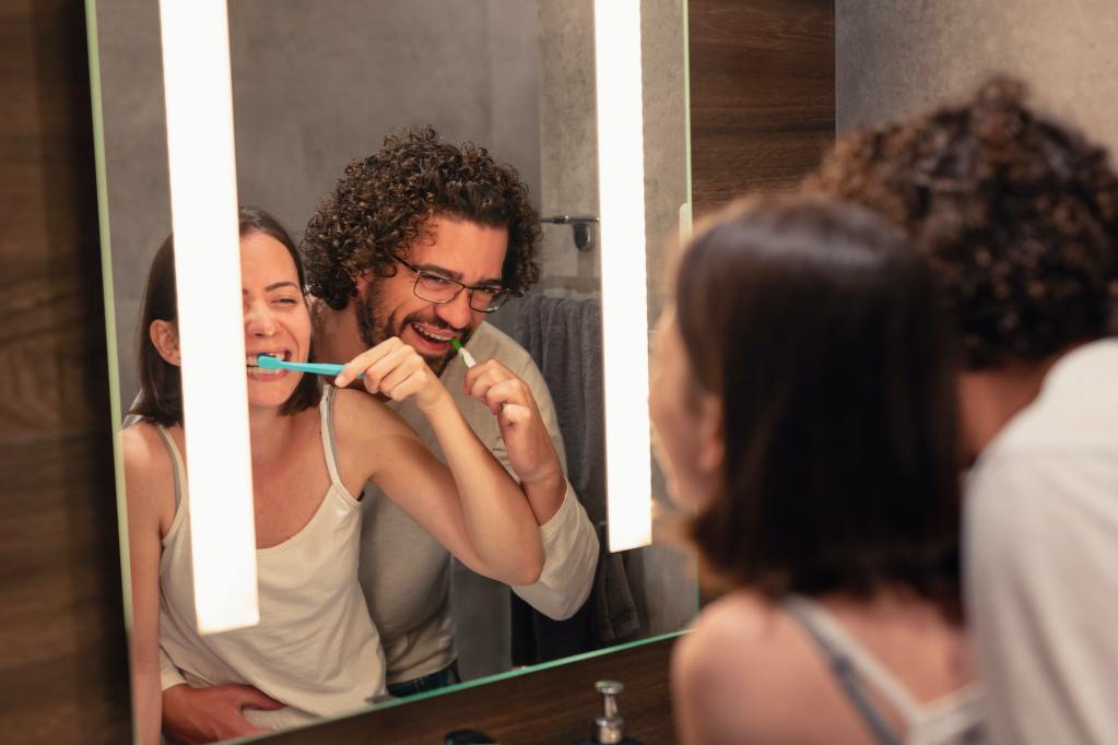 Brushing teeth as part of a bedtime routine.