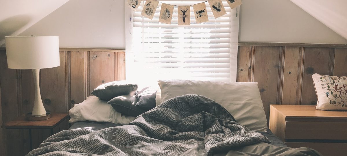 Cozy cabin bedroom Interior.