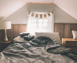 Cozy cabin bedroom Interior.