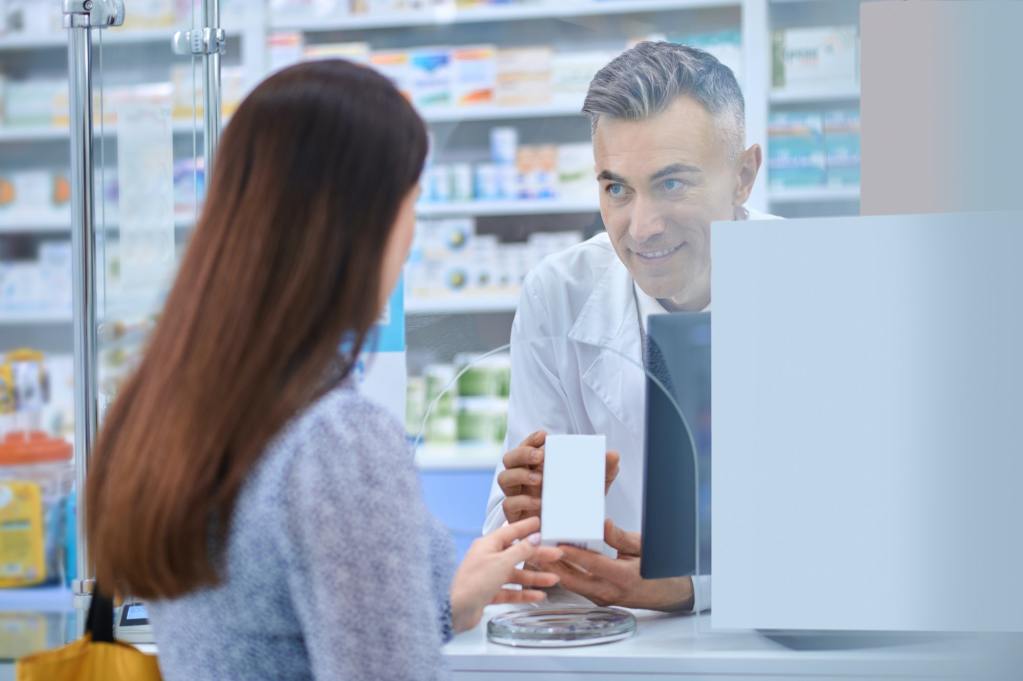 Female client standing near the pharmacy counter.